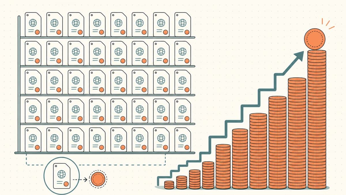 Editorial illustration of one tiny renewal fee multiplied across a shelf of many domain tags into a rising staircase of coin stacks