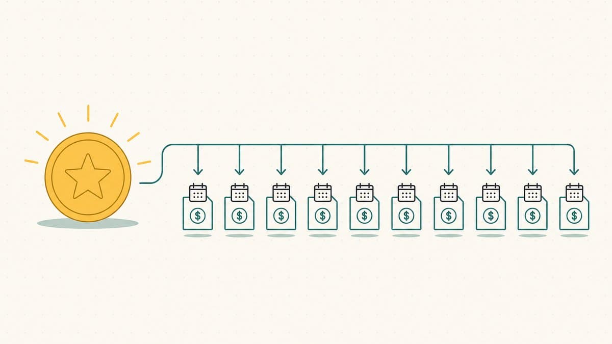 Editorial illustration of one large glowing coin feeding a flow line that pays a long row of small recurring renewal bills