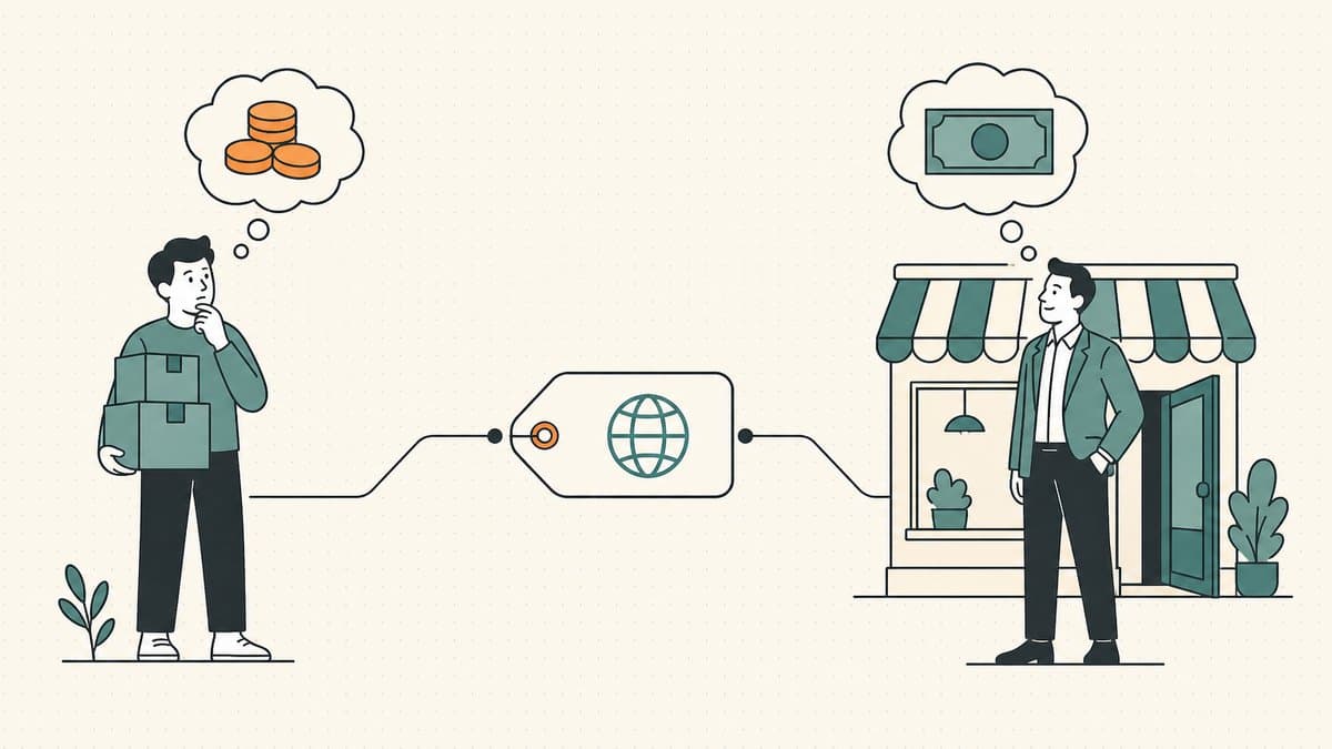Editorial illustration of one domain valued by two different buyers, a wholesale investor holding inventory thinking in coins on the left and an end-user business at a storefront thinking in cash on the right