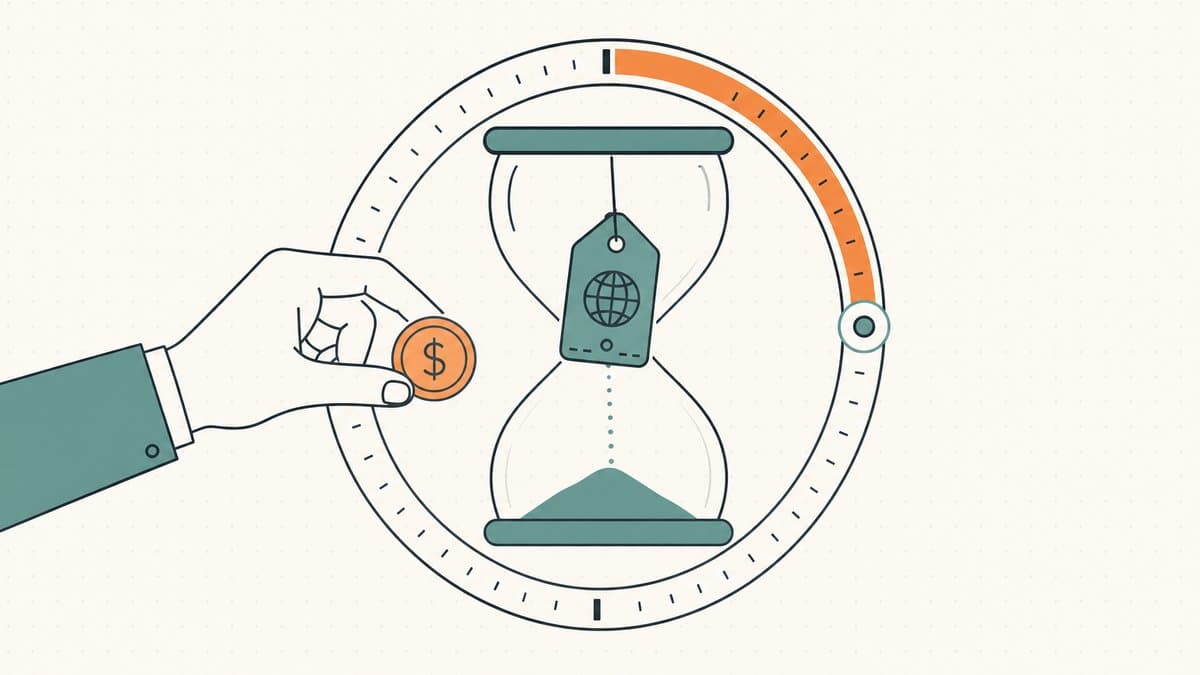 Editorial illustration of a domain name tag suspended in an hourglass inside a countdown dial, with a hand offering a coin to pay a recovery fee before time runs out