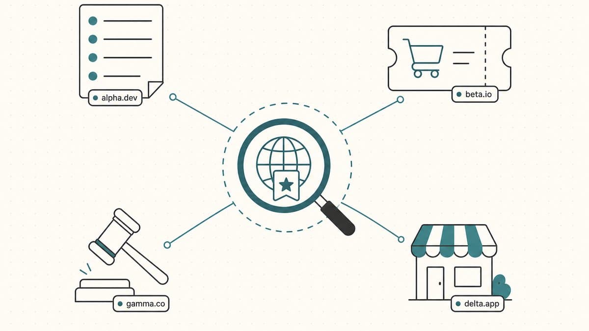 Editorial illustration of a central magnifying-glass sourcing hub branching to four channels — a drop list, a backorder ticket, an auction gavel, and an aftermarket storefront — each carrying a domain tag