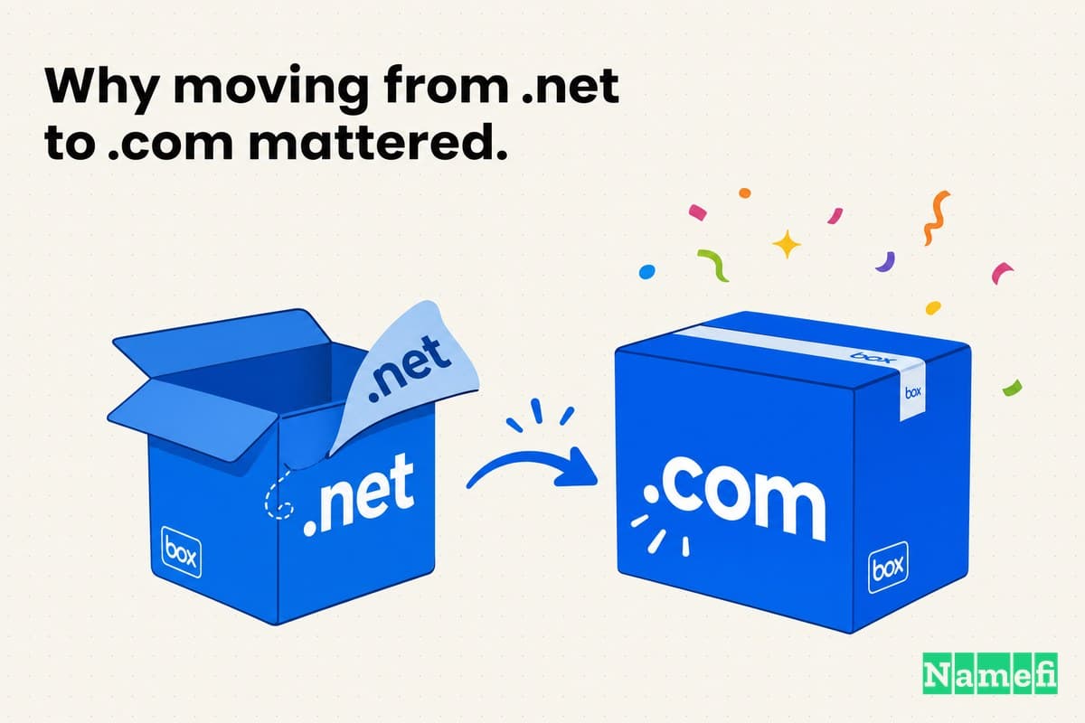 Box நீலம் 0061D5 நிறத்திலுள்ள, .net எனக் குறிக்கப்பட்ட அட்டைப் பெட்டி அதன் பின்னொட்டை உரித்து, சுத்தமான வெள்ளைப் பின்னணியில் .com எனக் குறிக்கப்பட்ட அதிக ஒளிர்வும் உறுதியும் கொண்ட பெட்டியாக மாறுவதைக் காட்டும் துடிப்பான முழு வண்ணப் பதிப்பக விளக்கப்படம்