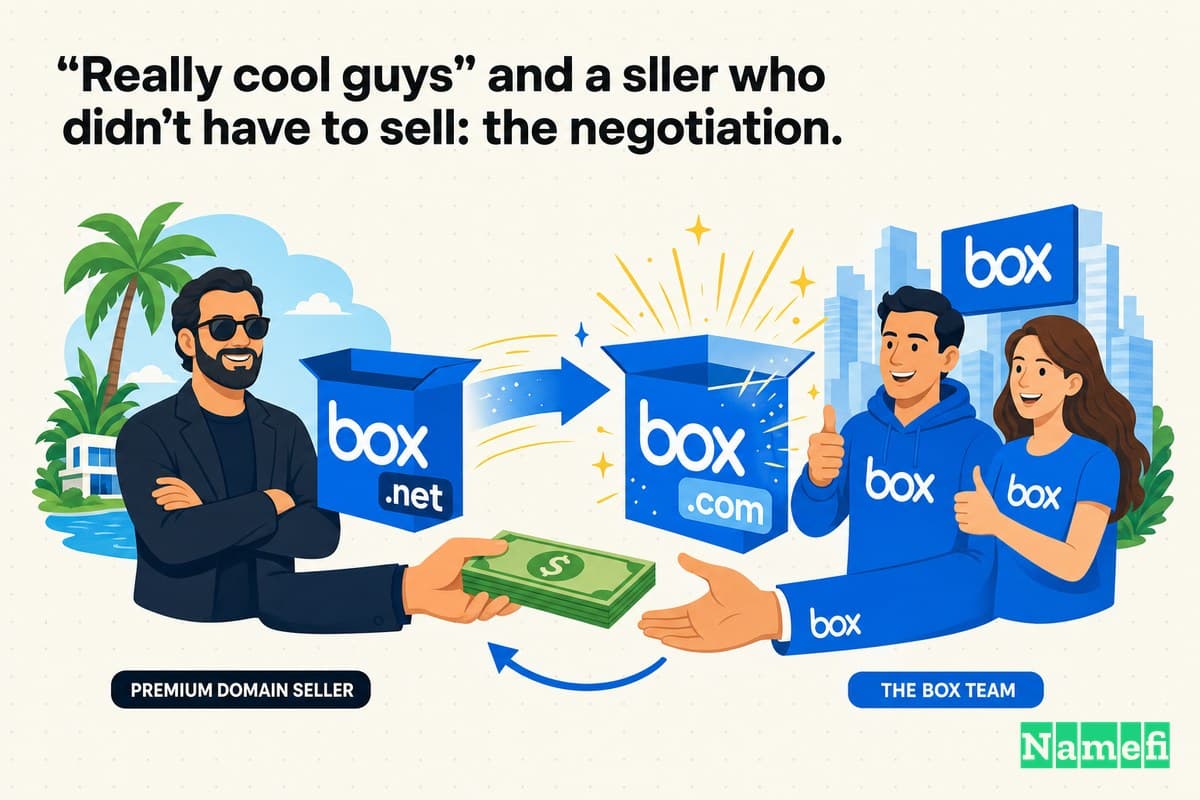 Box 파란색 .net 박스가 빛나는 Box.com 박스로 변환되고, Box 팀과 프리미엄 도메인 판매자 사이에서 돈이 오가는 생생한 풀컬러 에디토리얼 일러스트레이션, Box 블루 0061D5