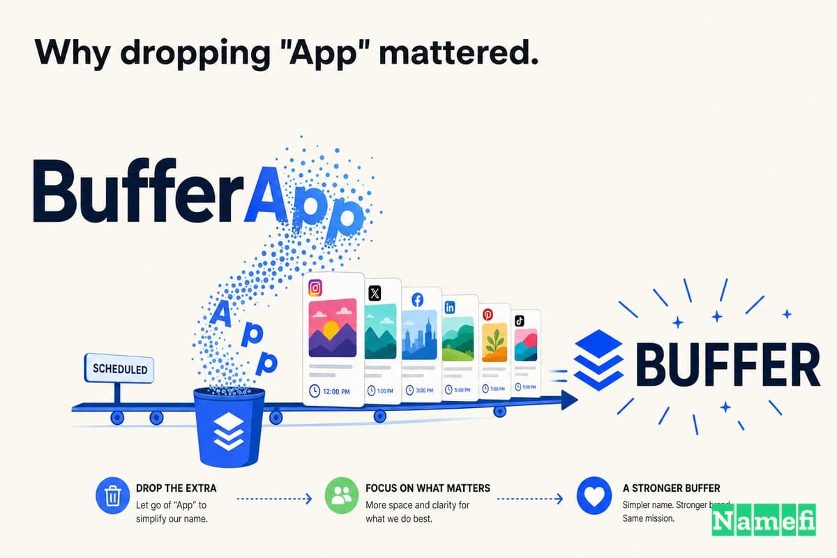 Vivid full-color editorial illustration of the word BufferApp shedding its "App" suffix, the dropped letters dissolving into Buffer's signature blue while a tidy queue of scheduled social posts slides forward into a single clean BUFFER wordmark
