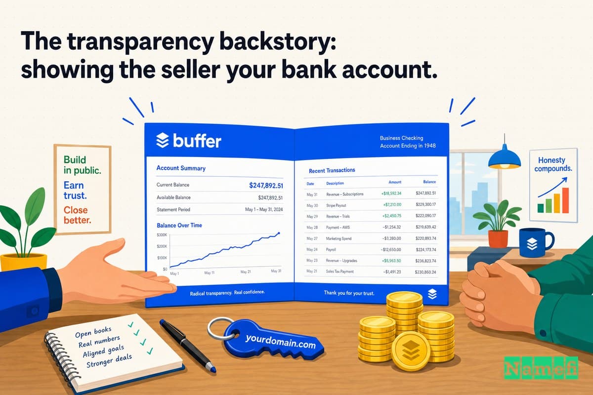 협상 테이블 위에 펼쳐진 Buffer 파란색 은행 명세서와 두 손, 급진적 개방성의 빛, 도메인 열쇠 옆에 쌓인 동전들, 밝고 정직한 스타트업 오피스 분위기의 선명한 컬러 일러스트