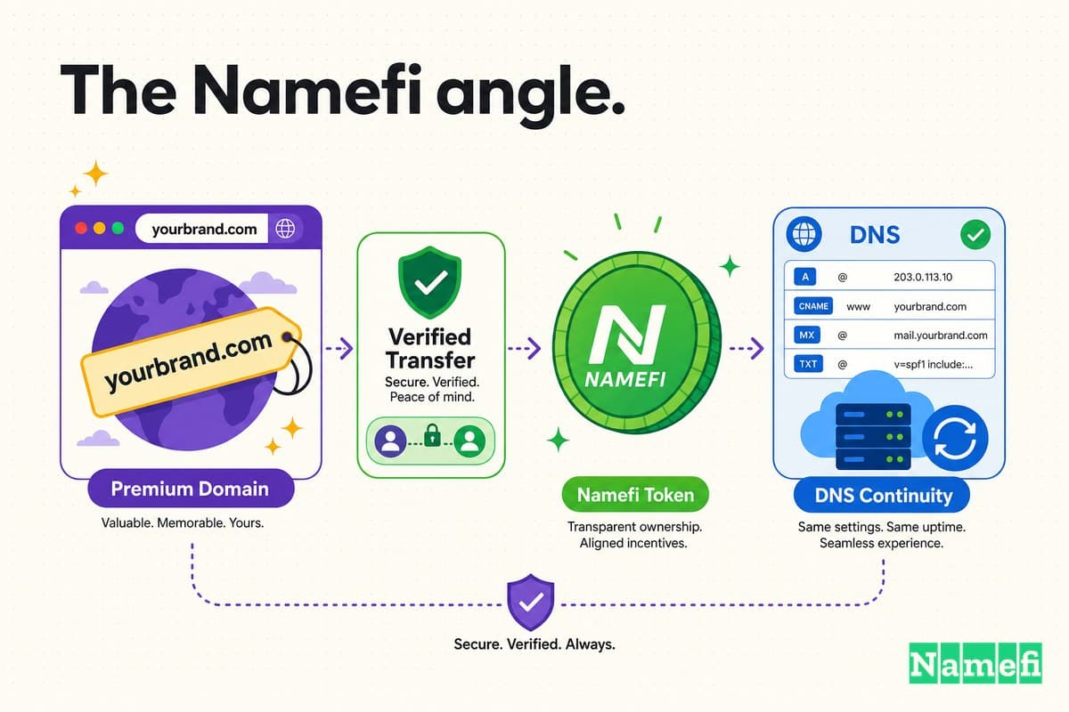 Colorful illustration of a premium domain moving through verified transfer, a green Namefi token, and DNS continuity