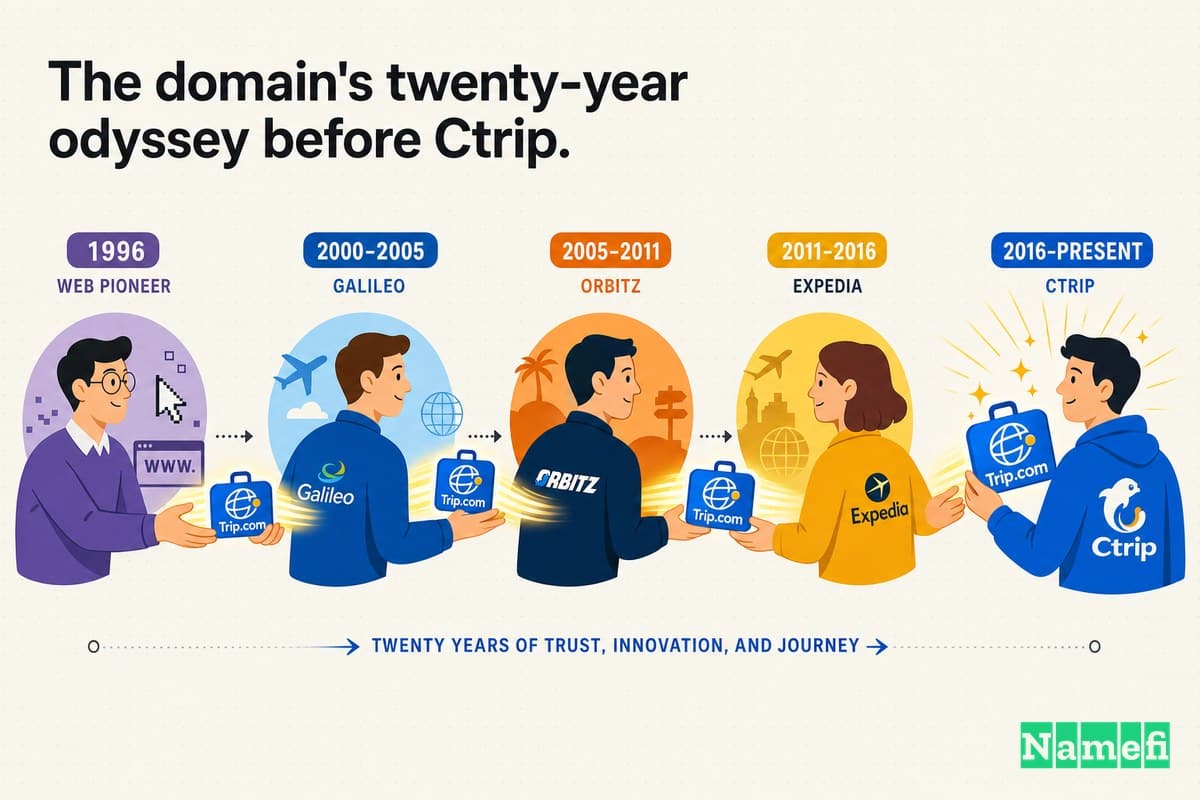 Colorful editorial illustration of the Trip.com globe-and-suitcase logo in deep Trip.com blue passing through a relay of hands across two decades, from a 1996 web pioneer to Galileo, Orbitz, and Expedia, finally landing in Ctrip's grip as a glowing premium .com baton