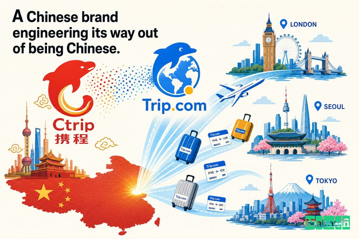 Vivid full-color editorial illustration of the red-and-gold Ctrip dolphin logo dissolving into a clean Trip.com-blue globe icon, lifting off a stylized map of China toward London, Seoul, and Tokyo skylines, suitcases and boarding passes streaming along glowing flight paths under a bright sky