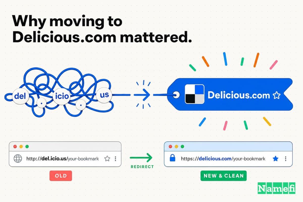 리브랜딩 일러스트: 꼬인 파란색 del-dot-icio-dot-us 문자열이 하나의 깔끔한 Delicious.com 북마크 태그로 펴지고, 오래된 브라우저 주소창이 깔끔한 새 주소창으로 리디렉션되는 모습