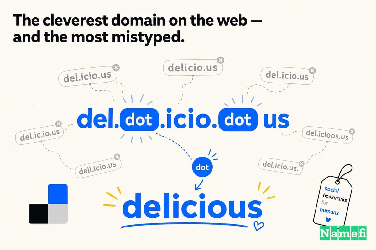 Vivid full-color editorial illustration of the del.icio.us domain hack: the dotted string del dot icio dot us glowing in tag-blue, with one dot drifting out of place to spell delicious, while ghostly mistyped variants float around it
