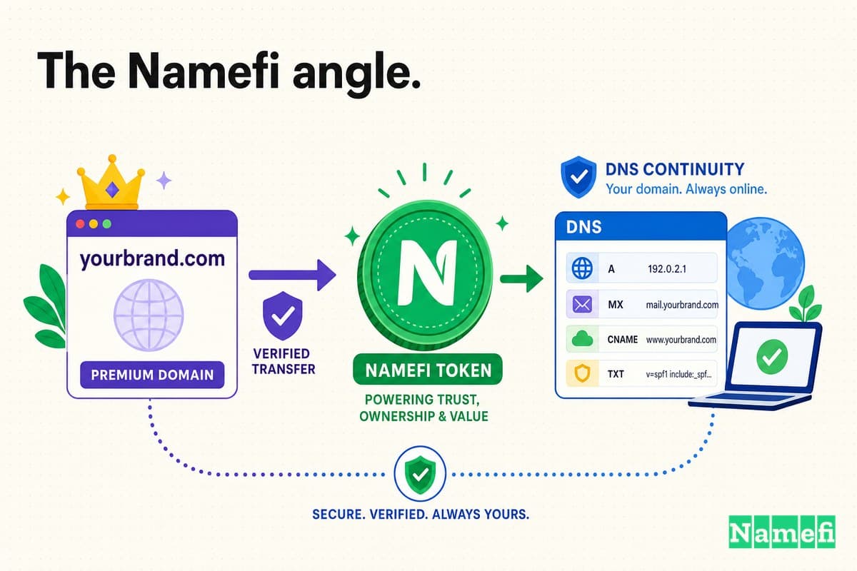 Colorful illustration of a premium domain moving through verified transfer, a green Namefi token, and DNS continuity