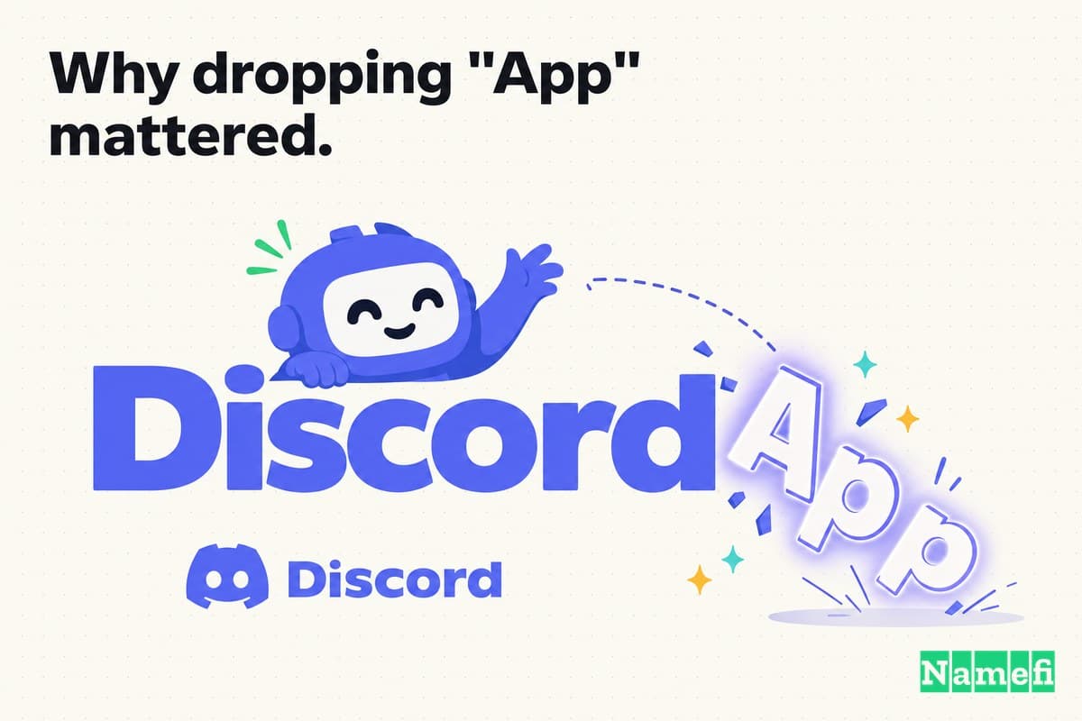 Vivid full-color illustration in Discord blurple of the word DiscordApp shedding its glowing -App suffix, the letters tumbling away while the Clyde mascot grins, leaving a single clean Discord wordmark