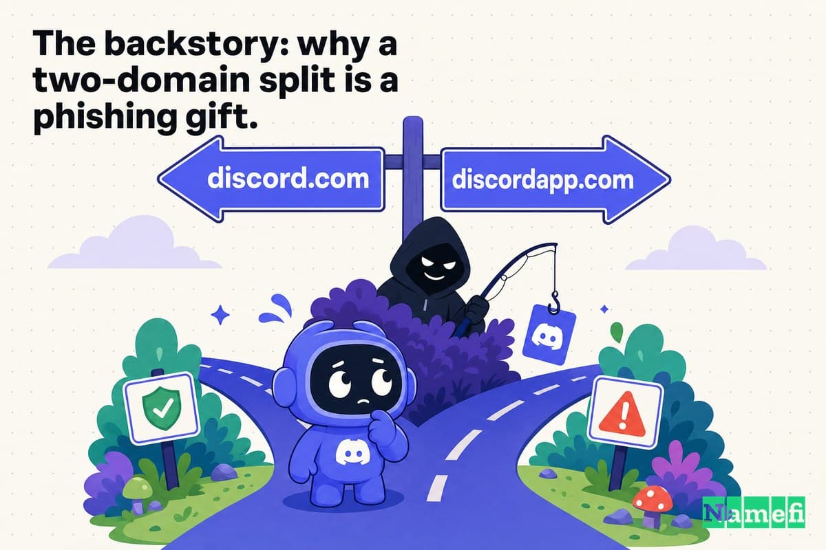 Vivid Discord-blurple illustration of a forked road sign where one path reads discord.com and the other discordapp.com, with the Clyde mascot looking nervously between them as a hooded phisher hides in the fork