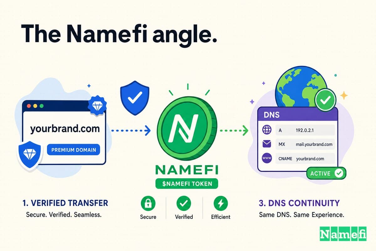 Colorful illustration of a premium domain moving through verified transfer, a green Namefi token, and DNS continuity