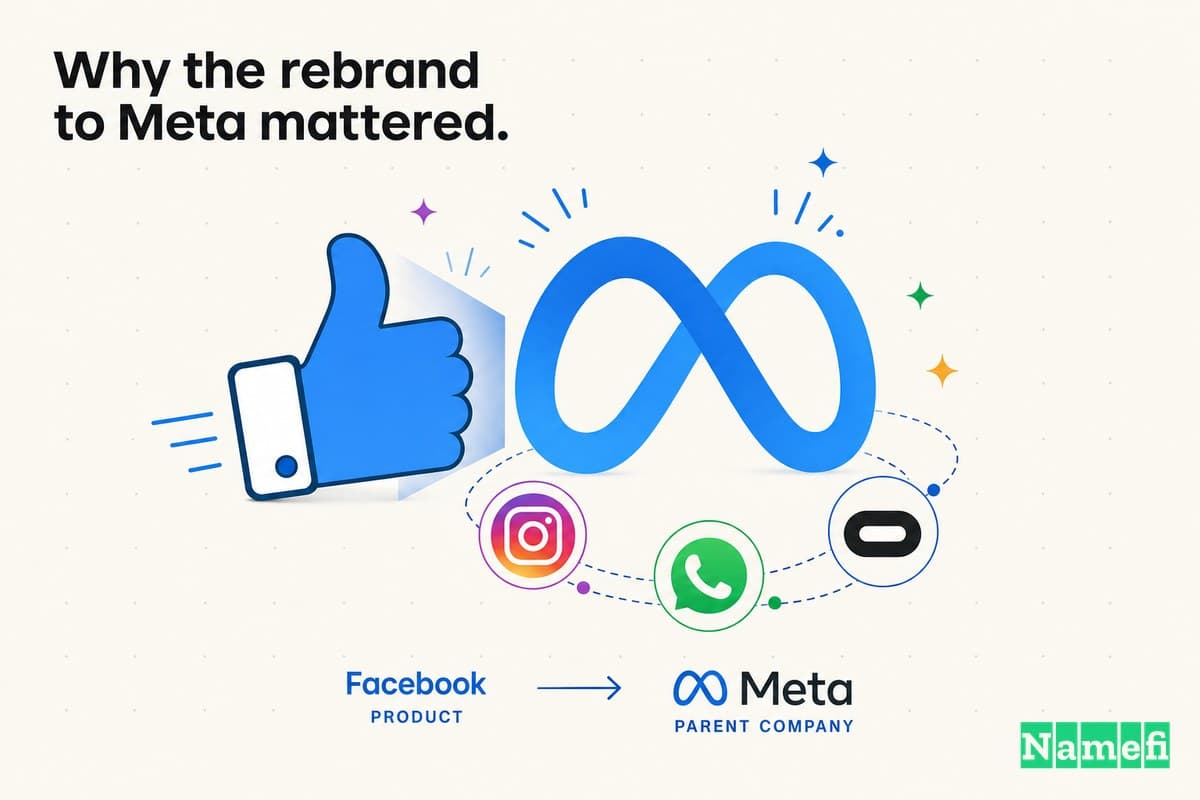 Vivid full-color editorial illustration of a giant Facebook-blue thumbs-up icon stepping back to reveal a wider blue-gradient Meta infinity loop behind it, with Instagram, WhatsApp, and Oculus icons orbiting under the new loop, showing a product name giving way to a parent-company name