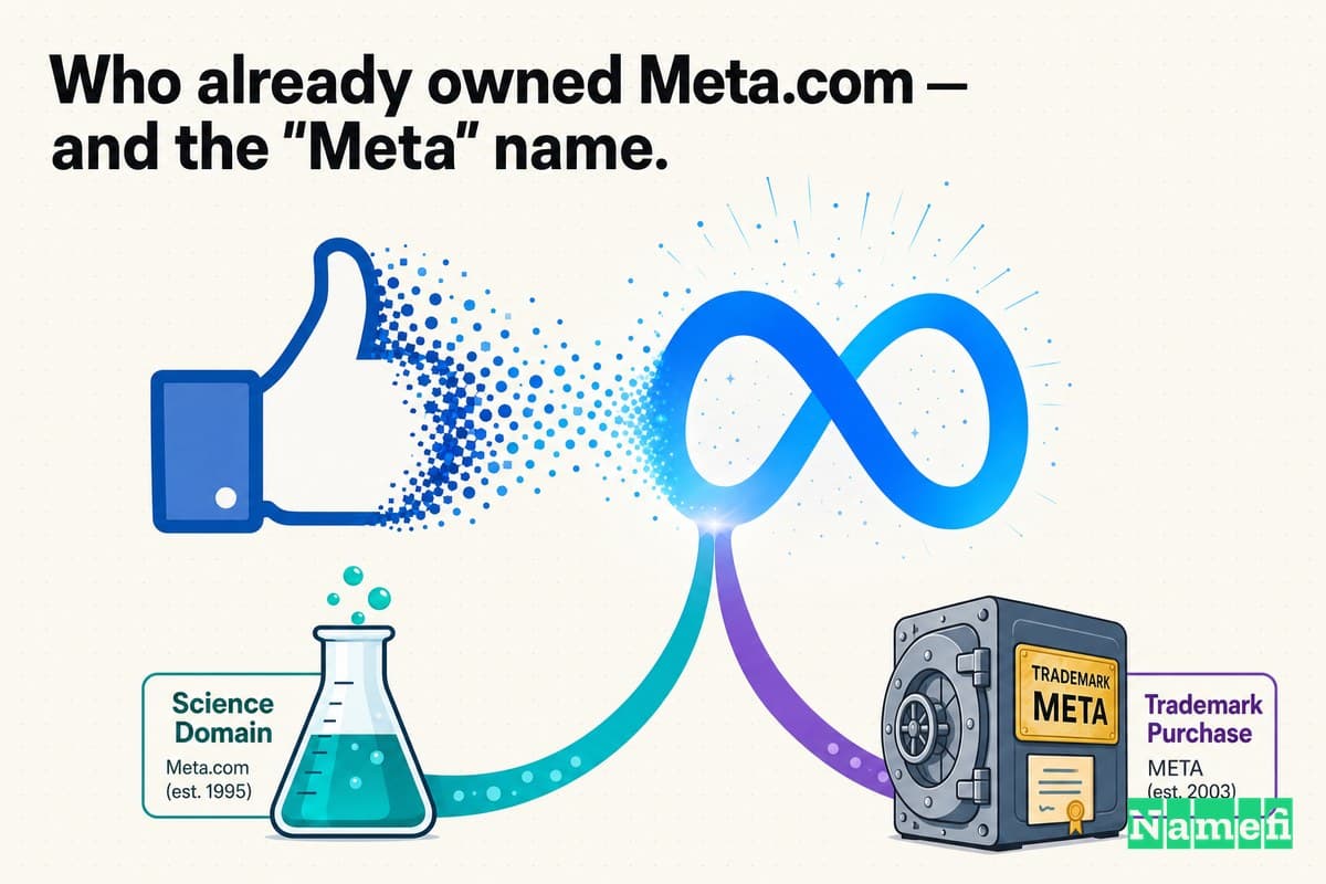 Vivid full-color editorial illustration of the Facebook blue thumb dissolving into a glowing blue-gradient Meta infinity loop, with a small science beaker and a bank vault feeding two threads into the loop, symbolizing a borrowed science domain and a purchased trademark merging into one identity