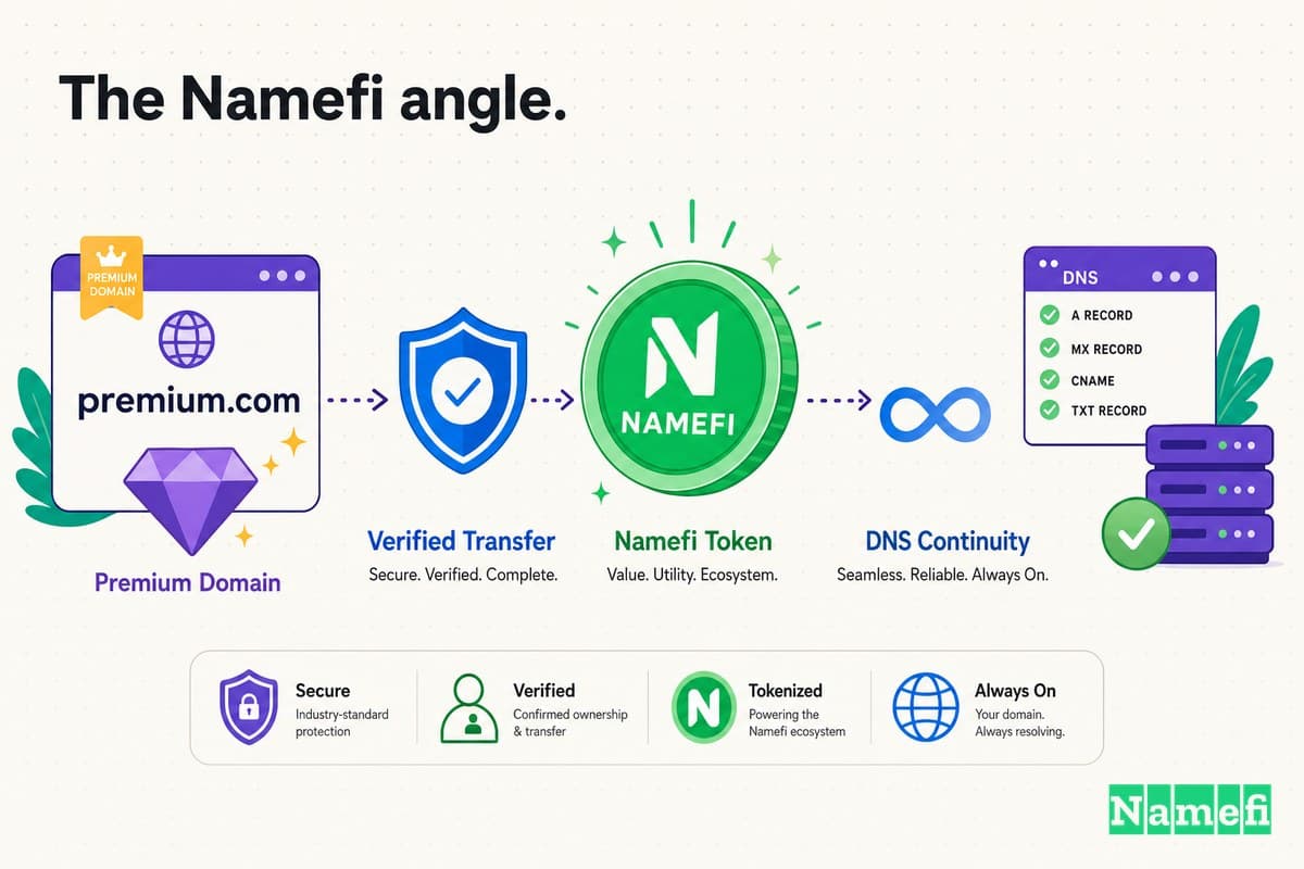 Colorful illustration of a premium domain moving through verified transfer, a green Namefi token, and DNS continuity