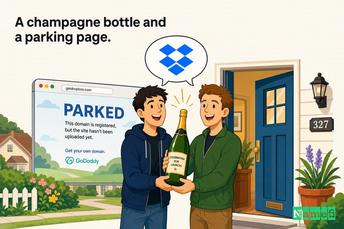두 창업자가 Dropbox.com을 사기 위해 샴페인 한 병을 들고 도메인 소유자의 집 앞에 도착하는 따뜻한 일러스트