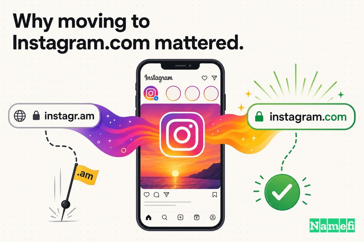 Vivid colorful editorial illustration of a phone screen migrating from a tiny instagr dot am address bar to a glowing instagram.com address bar, the Instagram camera and a purple-orange-pink sunset gradient streaming between them like a photo filter, a borrowed flag pin dropping away as a green checkmark lands on the dot-com