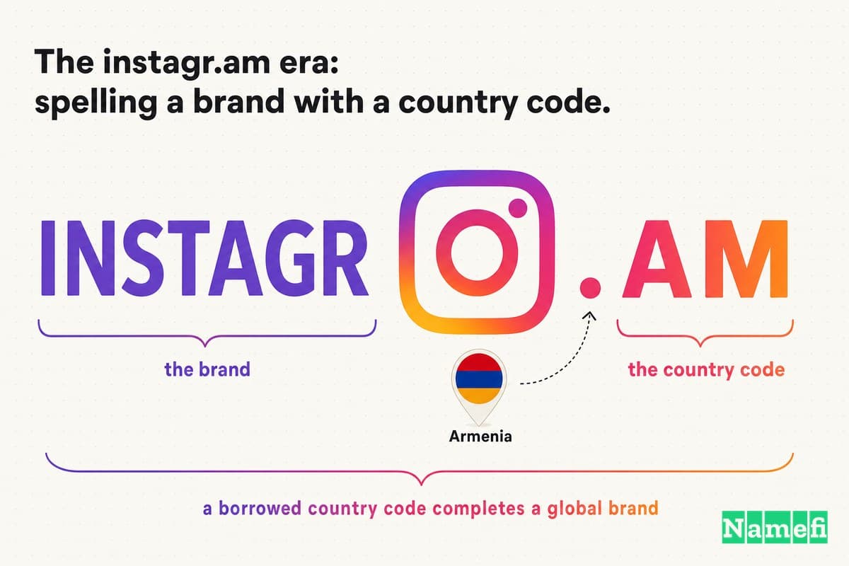 Vivid editorial illustration of the word INSTAGRAM splitting at instagr dot am, with the Instagram camera glyph in a purple-orange-pink sunset gradient and a tiny Armenian flag pin under the dot-am, a borrowed country code completing a brand name