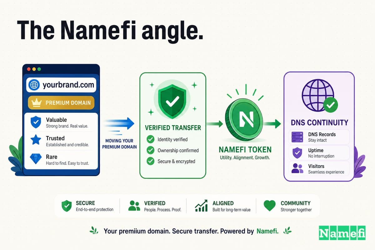 Colorful illustration of a premium domain moving through verified transfer, a green Namefi token, and DNS continuity