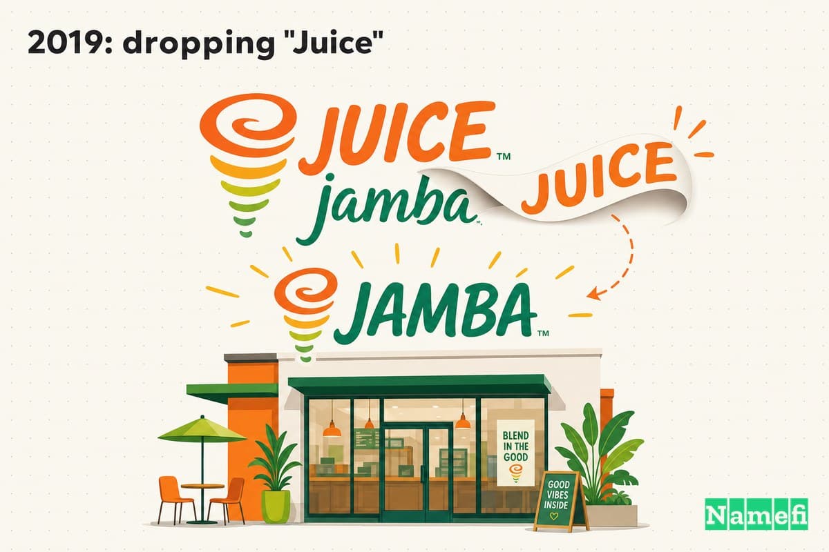 Vivid editorial illustration of the word JUICE peeling away from a bright orange-and-green Jamba swirl logo, leaving the single word JAMBA glowing on a fresh storefront sign