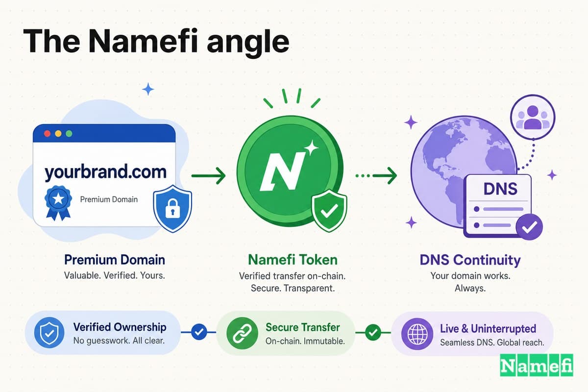 Colorful illustration of a premium domain moving through verified transfer, a green Namefi token, and DNS continuity