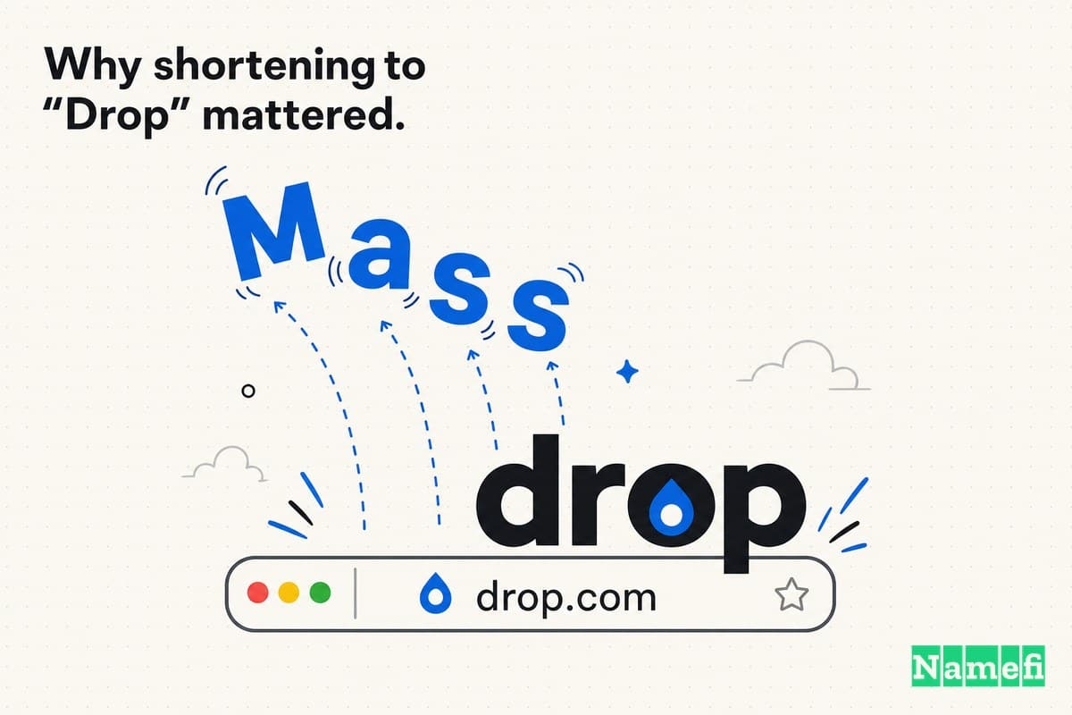 Massdrop이라는 단어에서 Mass 접두사가 떨어져 나가는 모습을 표현한 컬러풀한 편집 일러스트 — Drop의 파란색과 검은색으로 글자들이 날아오르며 도메인 바에 깔끔한 DROP 워드마크 하나만 남은 장면