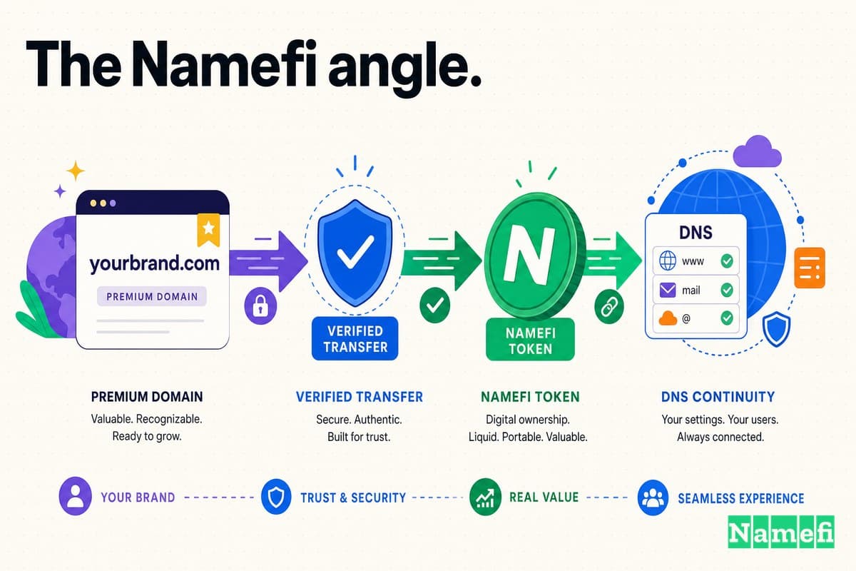 Colorful illustration of a premium domain moving through verified transfer, a green Namefi token, and DNS continuity
