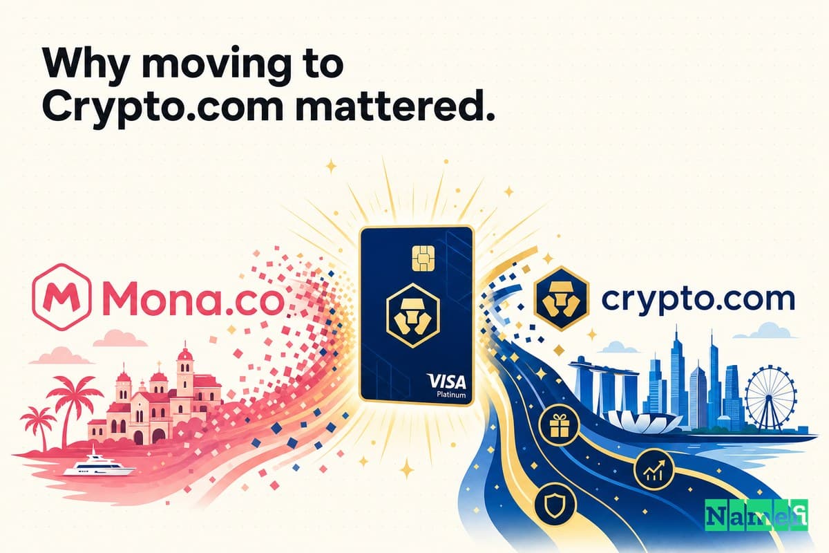 모나코 "Mona.co" 이름이 녹아 들어가며 금빛 사자 머리 로고가 새겨진 네이비블루 Crypto.com 브랜드로 변화하고, 중앙에는 Visa 스타일 카드가 빛나는 생동감 있는 컬러 일러스트