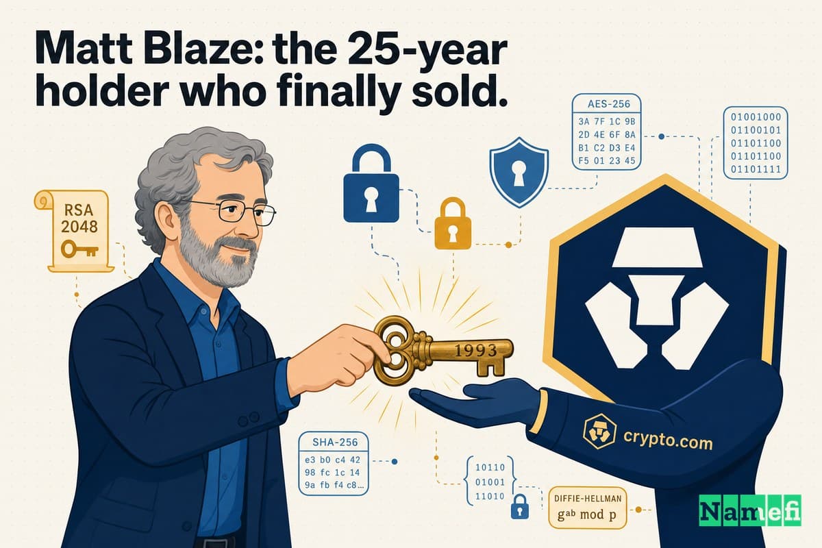 Vivid colorful editorial illustration of a cryptographer handing over a glowing 25-year-old brass domain key, etched with "1993," into the navy-and-gold Crypto.com lion logo, padlocks and cipher motifs in the background