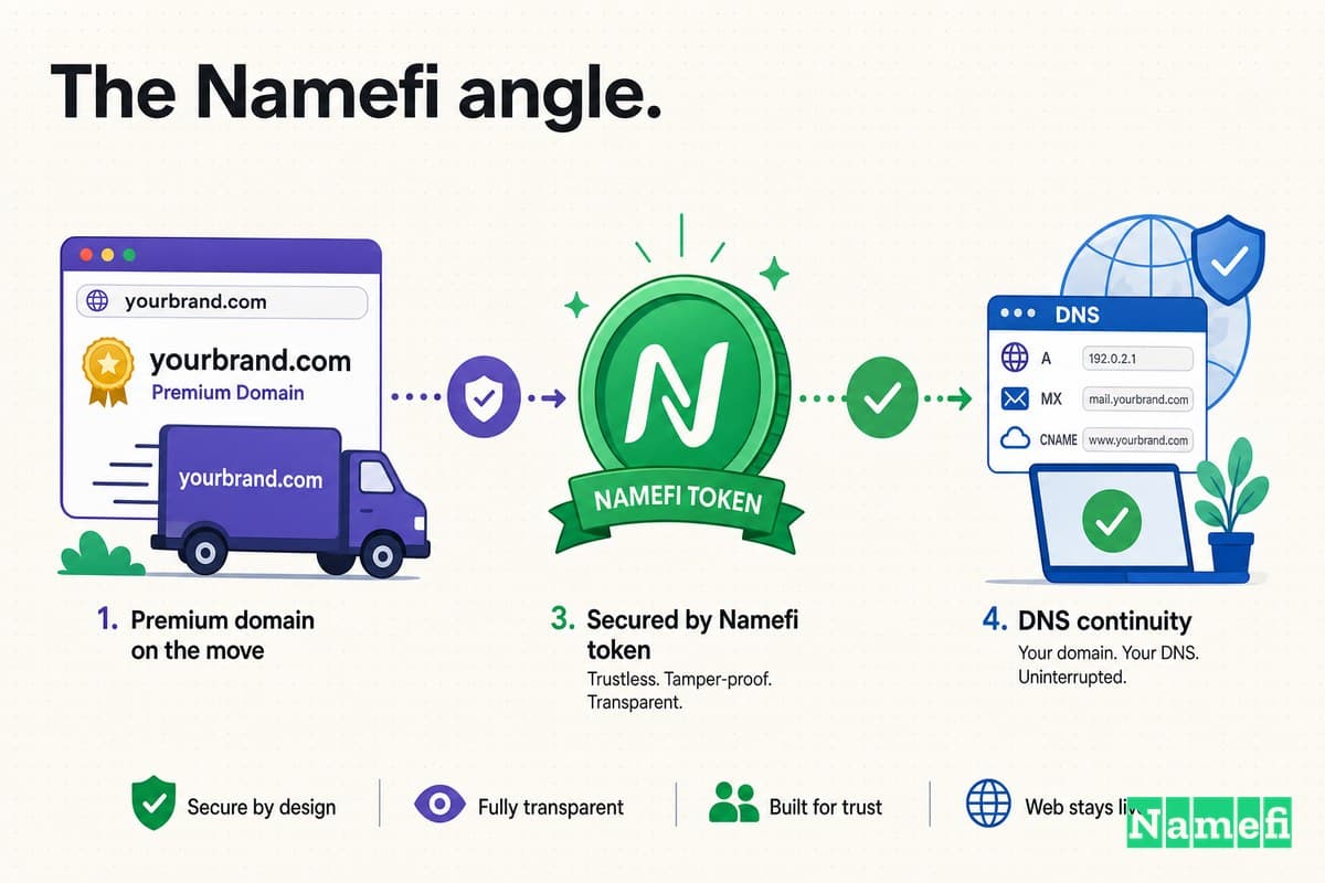 프리미엄 도메인이 검증된 이전 과정을 거치고, 녹색 Namefi 토큰과 DNS 연속성을 보여주는 컬러 일러스트