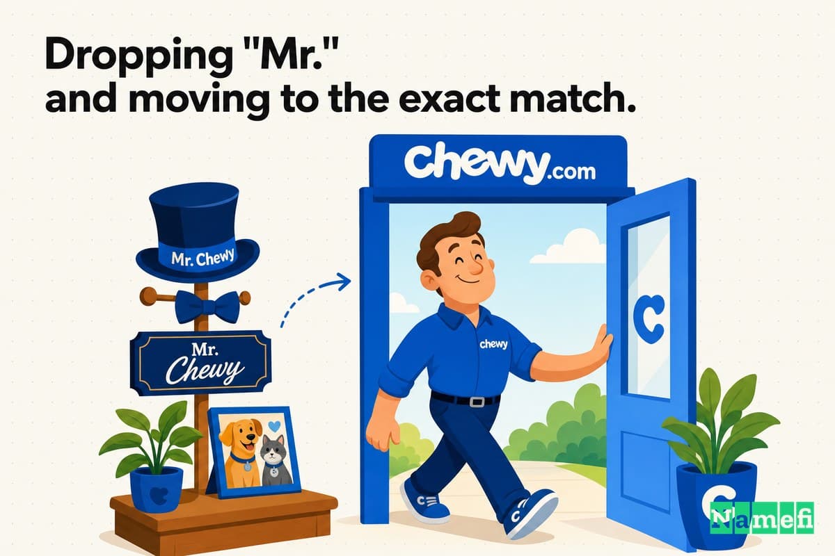 Colorful editorial illustration in Chewy blue of a friendly "Mr. Chewy" shopkeeper character setting down his top hat and bowtie to step through a clean doorway labeled Chewy.com