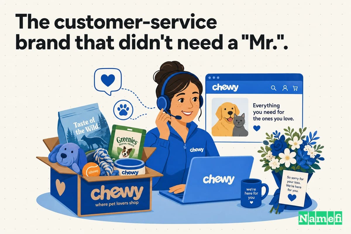 Colorful editorial illustration in Chewy blue of a warm pet e-commerce storefront: a delivery box of dog and cat supplies, a headset customer-service agent, and a small bouquet of condolence flowers, conveying a human brand without a mascot
