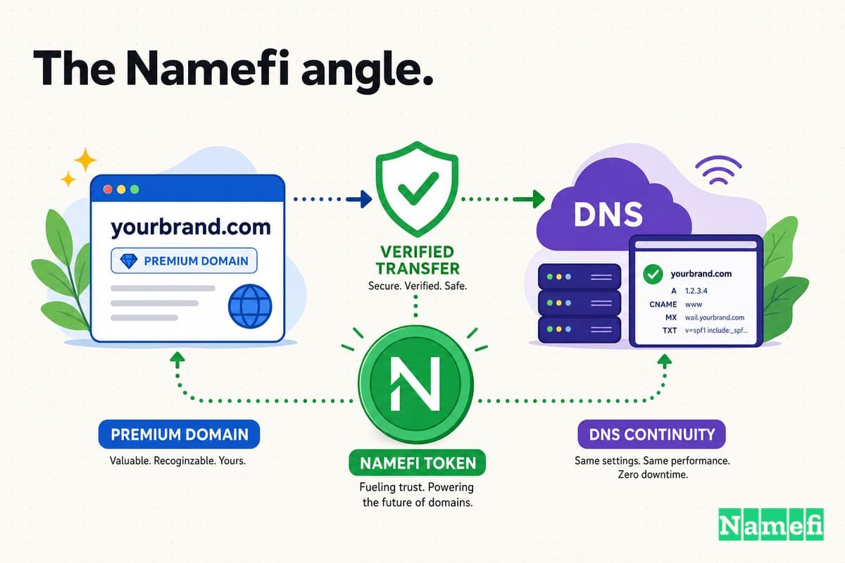 Colorful illustration of a premium domain moving through verified transfer, a green Namefi token, and DNS continuity