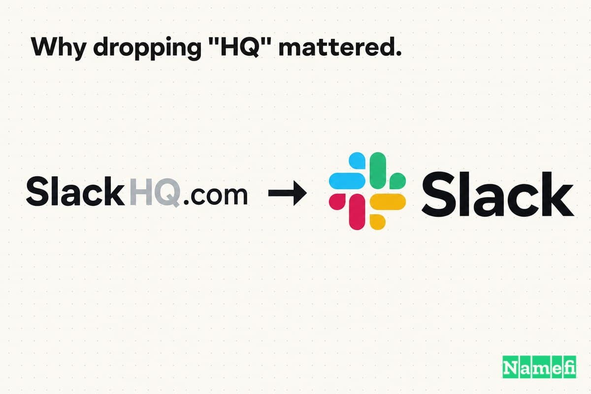 Colorful illustration of SlackHQ dropping HQ to become the colorful Slack hashtag brand