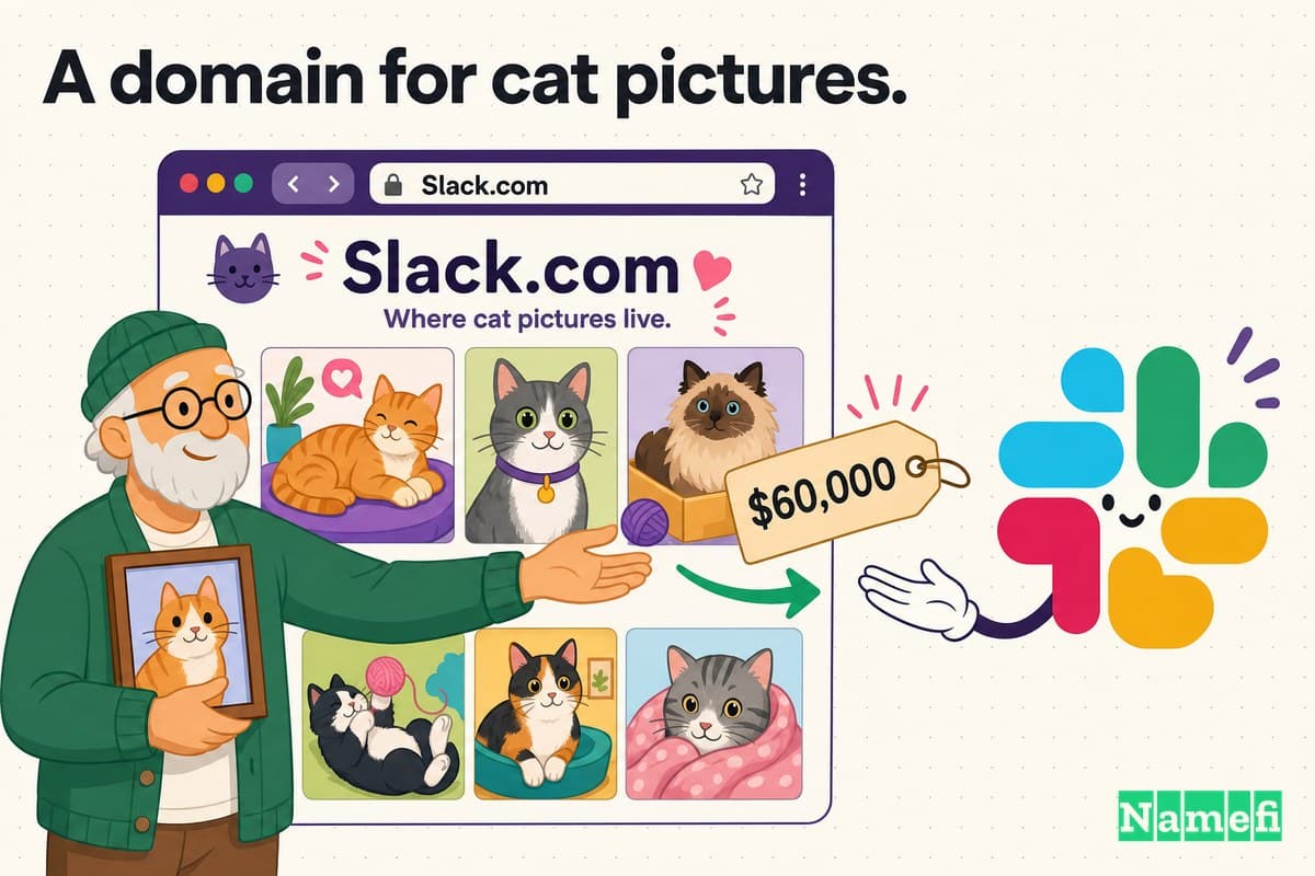 Charming illustration of a personal website used for cat photos being sold for sixty thousand dollars to Slack