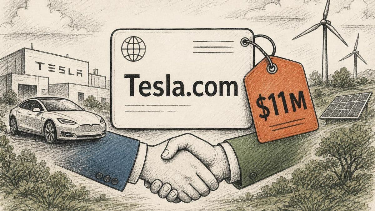 프리미엄 도메인 거래로서 Tesla.com 1,100만 달러 인수를 보여주는 편집 다이어그램