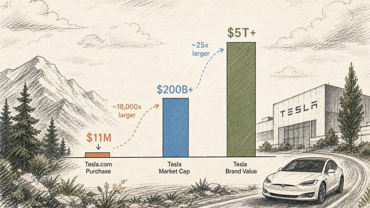 Editorial bar chart comparing the $11M Tesla.com purchase against Tesla's scale and brand value