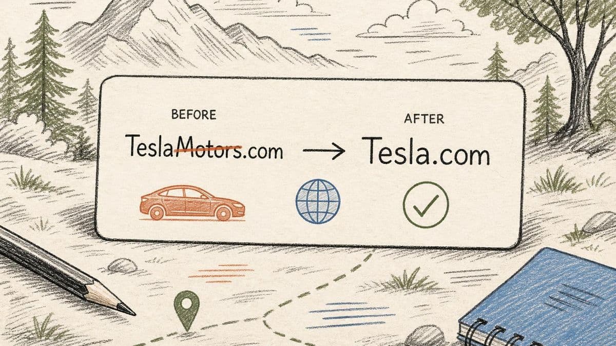 Editorial illustration of TeslaMotors.com losing the word Motors to become the cleaner Tesla.com brand