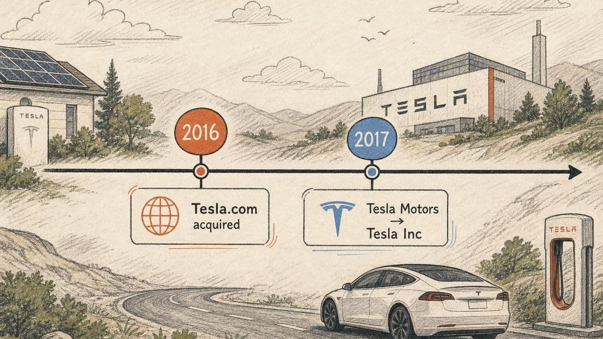 Editorial diagram showing Tesla.com acquired in 2016 ahead of the Tesla Motors to Tesla Inc rename in 2017