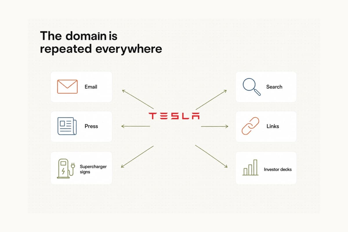 Editorial diagram of Tesla.com repeated across signage, press, charging network, email, and investor decks