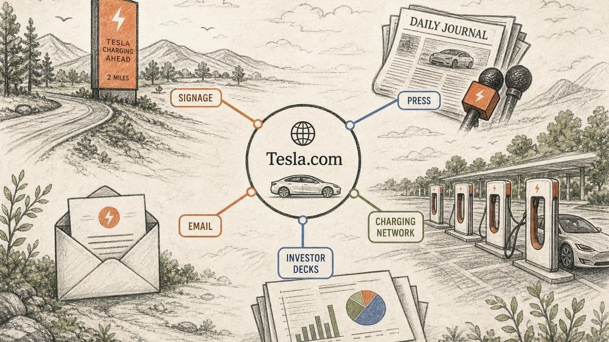 Editorial diagram of Tesla.com repeated across signage, press, charging network, email, and investor decks