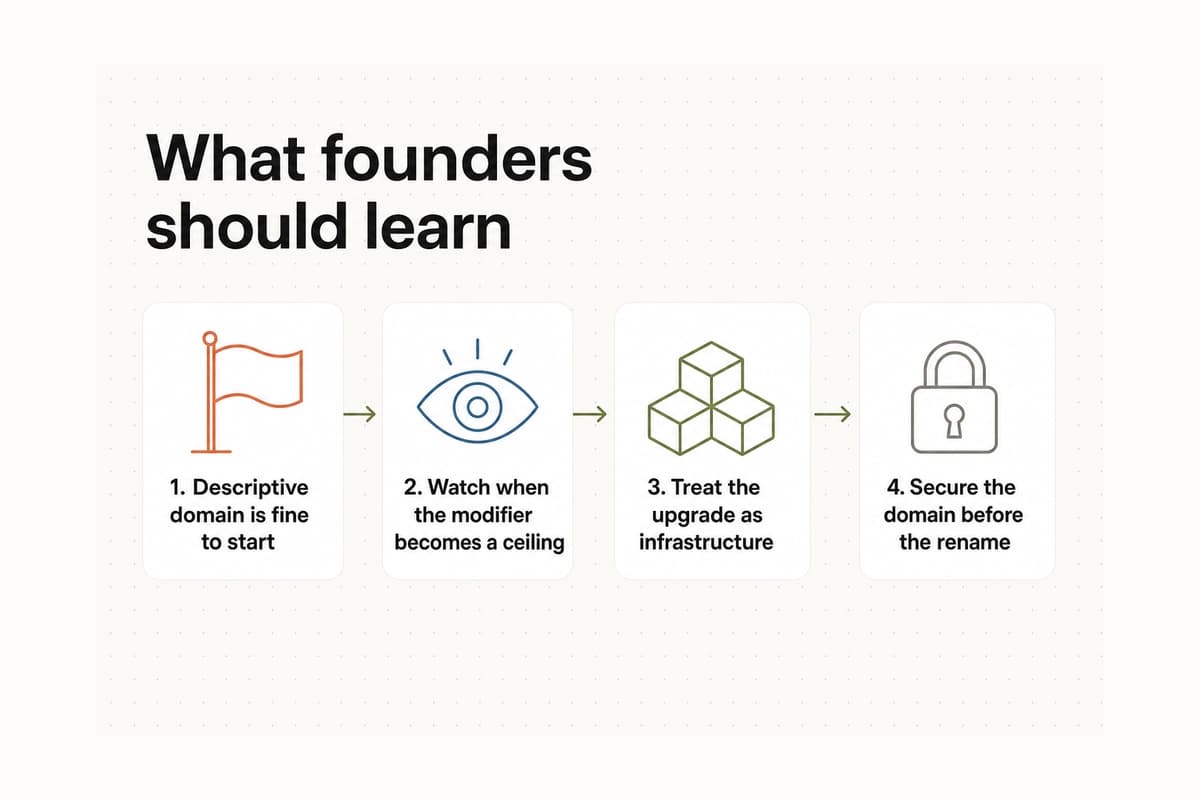 Editorial four-step diagram for founders upgrading from a descriptive launch domain to an exact-match brand domain
