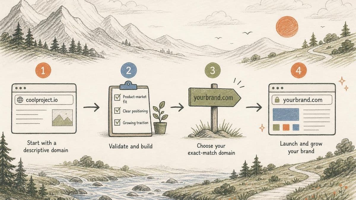 Editorial four-step diagram for founders upgrading from a descriptive launch domain to an exact-match brand domain