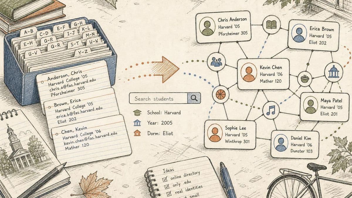 Editorial diagram of TheFacebook.com as a campus directory becoming a searchable student network