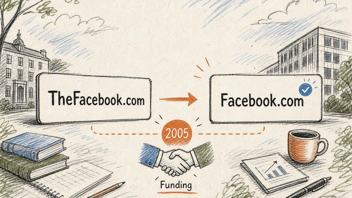 2005 முதலீட்டுச் சூழலுக்குப் பிறகு TheFacebook.com, Facebook.com ஆக மாறுவதைக் காட்டும் தலையங்க வரைபடம்