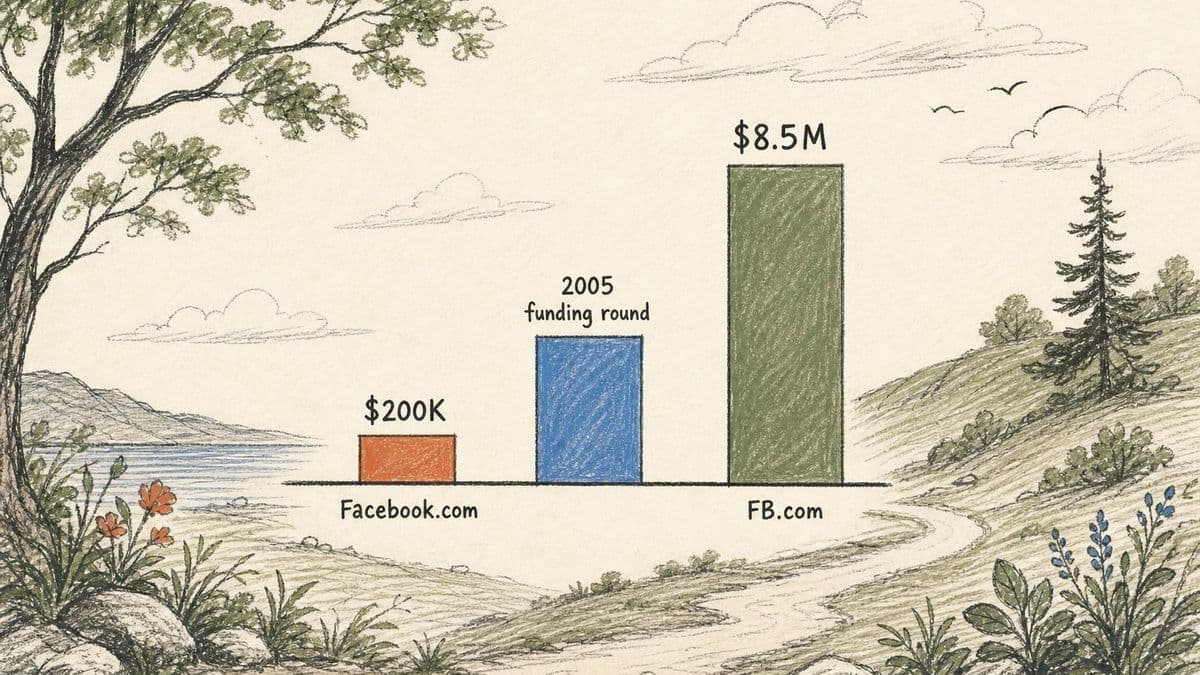 Editorial bar chart comparing the $200K Facebook.com purchase, funding context, and the later $8.5M FB.com deal