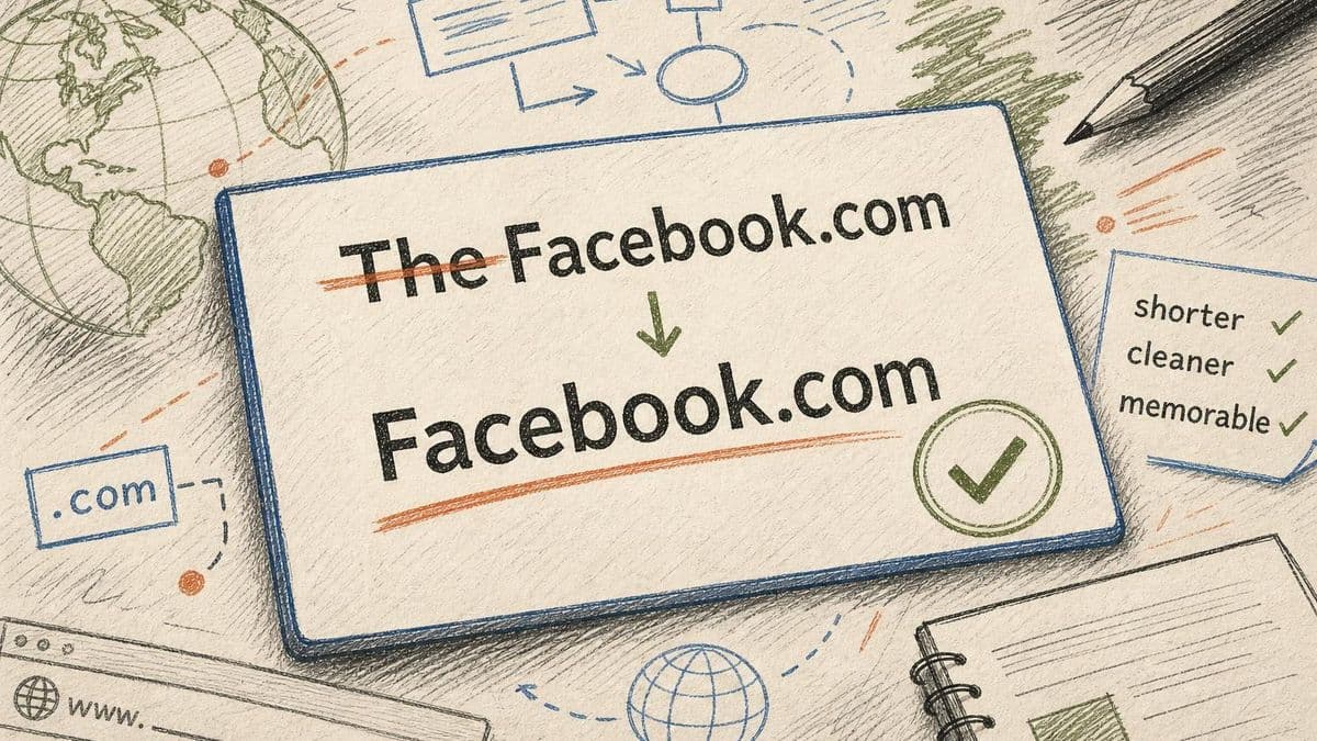 TheFacebook.com에서 "The"가 사라지며 더 깔끔한 Facebook.com 브랜드가 되는 과정을 보여주는 편집 일러스트레이션