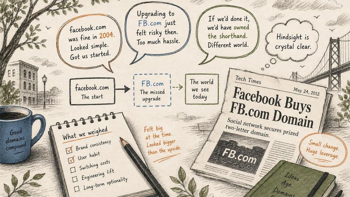 Editorial diagram of public discussion around Facebook domain upgrades, founder hindsight, and the FB.com headlines